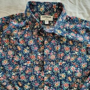 Express Blue Floral Extra Slim Button Down Shirt Size 14-14.5 100% Cotton